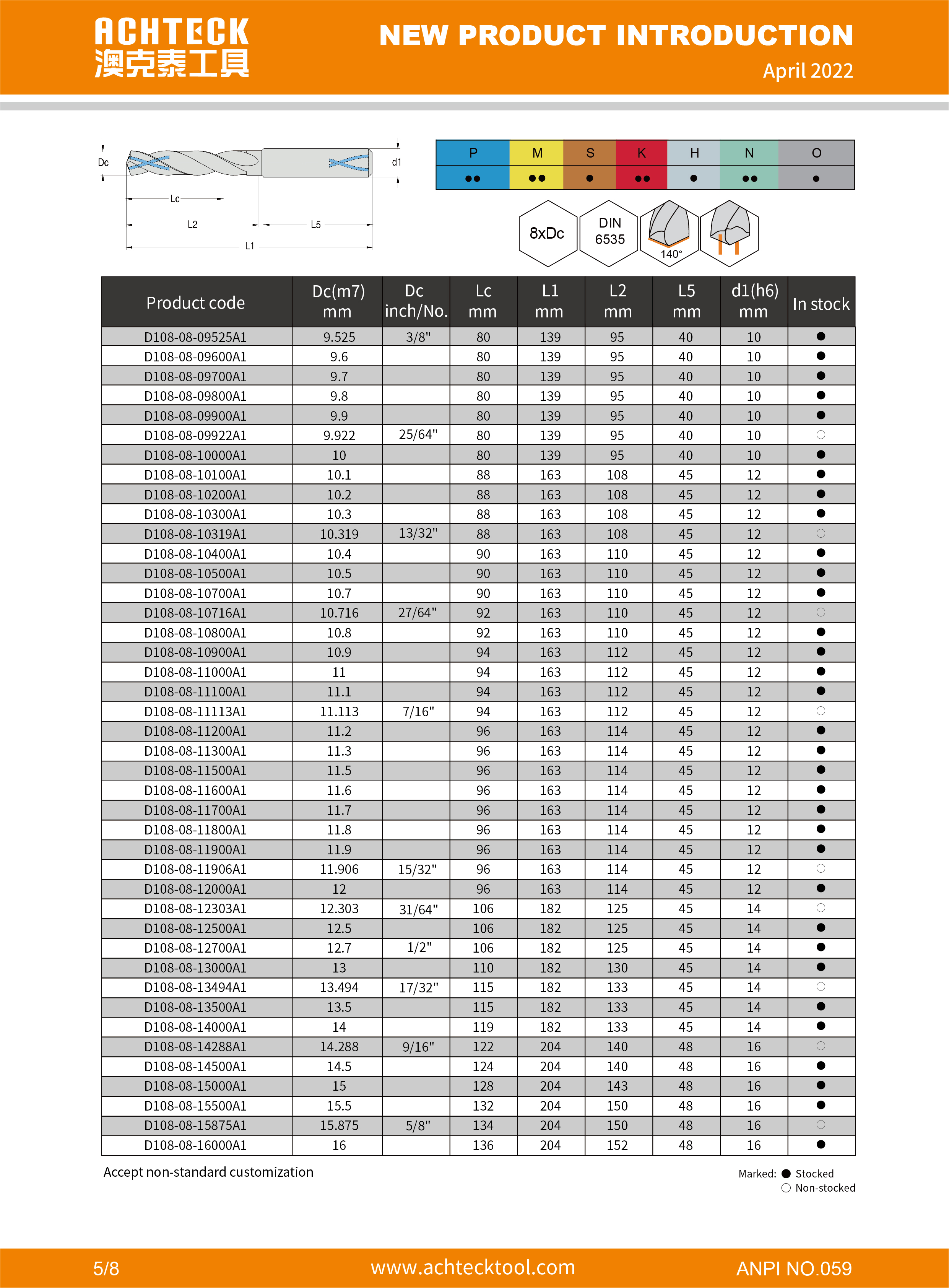 D108 Series Universal 8xDc Solid Carbide Drill